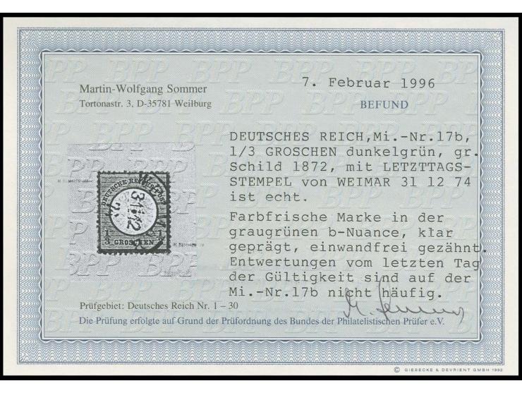 1/3 Gr. dunkelgrün mit EKr. "WEIMAR 31 12 74", klarer Letzttagsstempel, Kabinett, Befund Sommer BPP