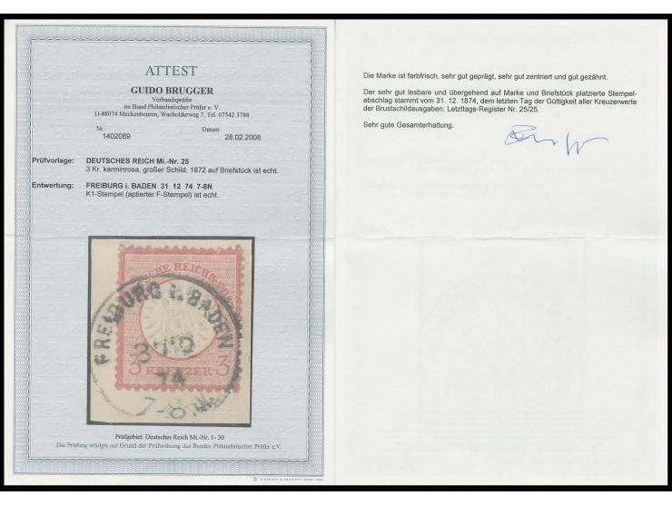3 Kr. karminrosa mit aptiertem F(ranco)-Stempel "FREIBURG i. BADEN 31/12 74" auf Briefstück, klarer Letzttagsstempel, Fotoatt