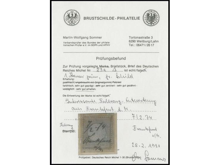1 Kr. gelblichgrün mit handschriftlicher Entwertung "Frankfurt a/M 7/2 74" auf Briefstück, Kabinett, Fotobefund Sommer BPP