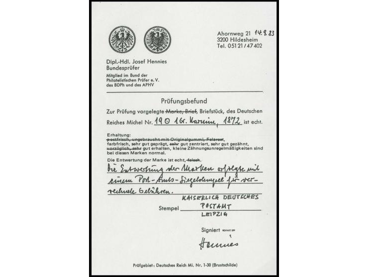 1 Gr. karmin mit Postamtssiegelstempel "KAISERL. DEUTSCHES POSTAMT LEIPZIG" auf Briefstück, Kabinett, Befund Hennies BPP