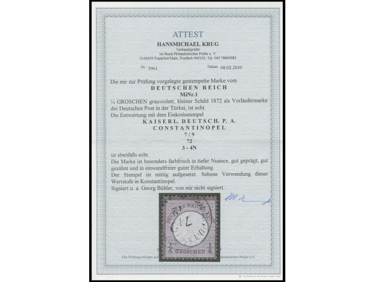 ¼ Gr. grauviolett mit EKr. "KAISERL. DEUTSCH. P. A. CONSTANTINOPEL 7/9 72" als Vorläufermarke der deutschen Post in der Türke