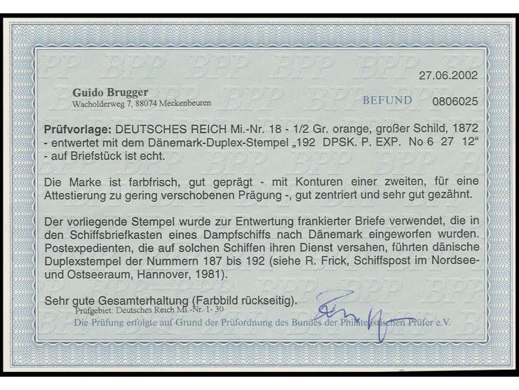 ½ Gr. orange mit linkem Teil des dänischen Duplexstempels "192 DPSK. P. EXP. No. 6 27 12" mit Konturen einer zweiten für eine