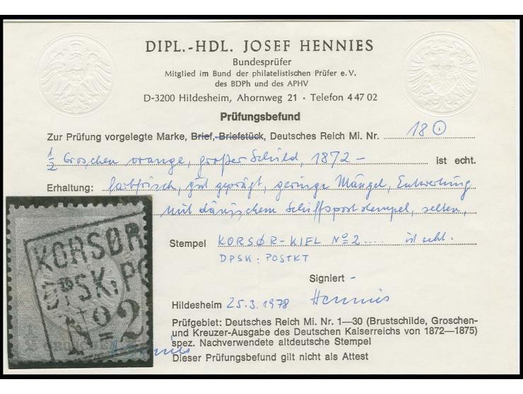 ½ Gr. orange mit dänischem Schiffspoststempel "KORSÖR-KIEL / DPSK: No. 2", Kabinett, Fotobefund Hennies BPP