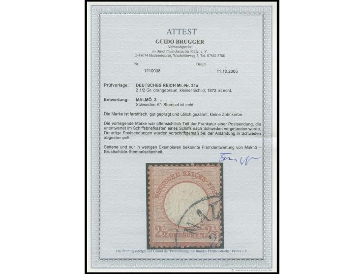 2½ Gr. orangebraun mit schwedischem Landungsstempel "MALMÖ", kleine Zahnkerbe sonst üblich gezähnt, Fotoattest Brugger BPP
