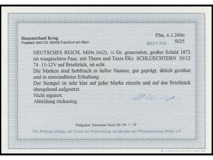 ¼ Gr. grauviolett im waagerechten Paar mit klarem T&T-EKr. "SCHLUECHTERN 30/12 74" auf Briefstück, Kabinett, Befund Krug BPP