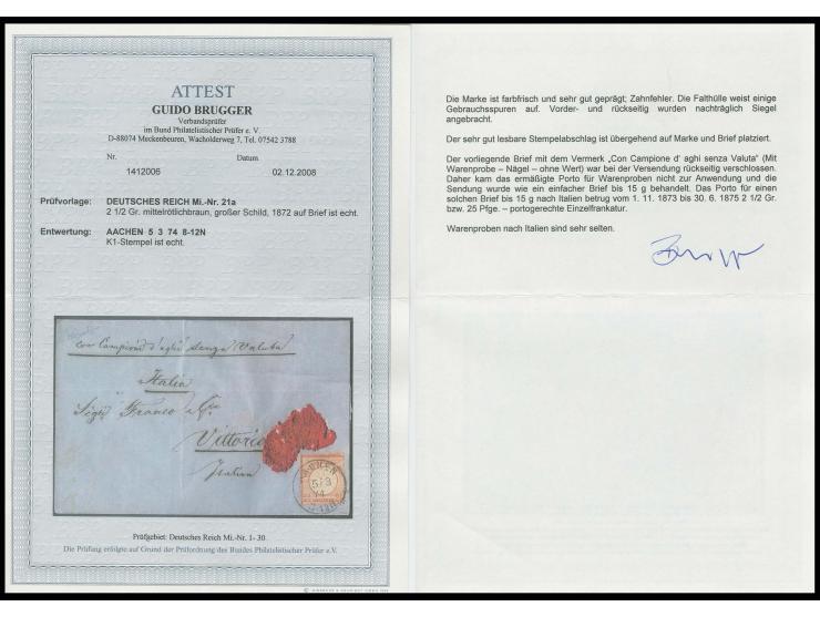 2½ Gr. rötlichbraun (teils kurze Zähne) mit EKr. "AACHEN 5/3 74" auf Faltbrief mit handschriftlichem Vermerk "Con Campione d'