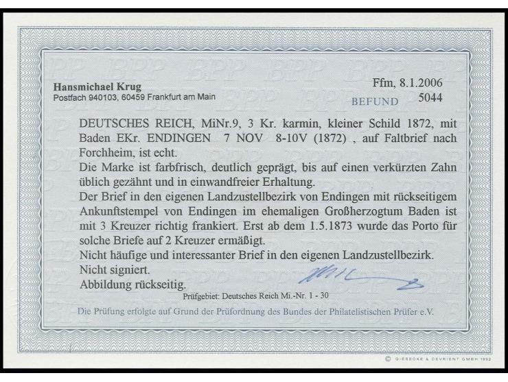 3 Kr. karmin mit Baden-EKr. "ENDINGEN 7 NOV" (1872) auf Faltbrief nach Forchheim im eigenen Landzustellbezirk von Endingen mi