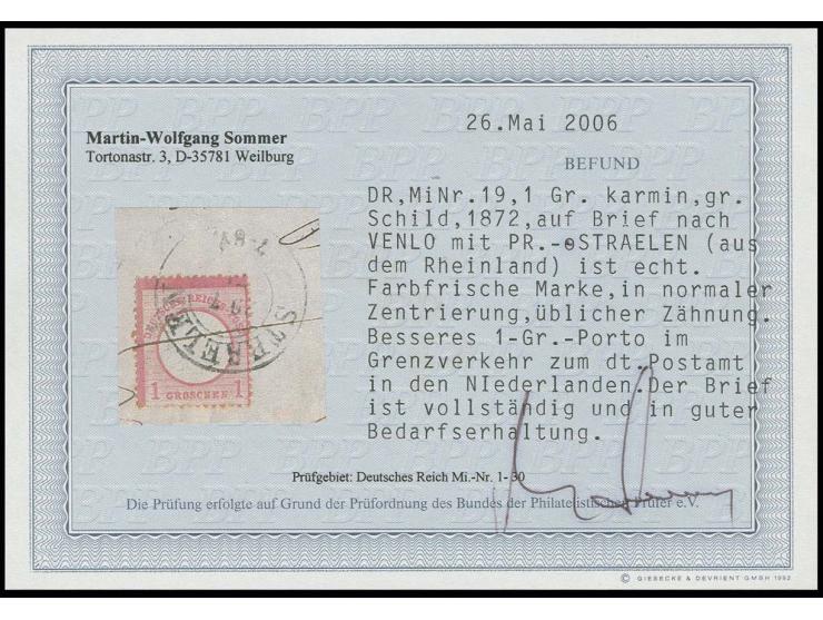 1 Gr. karmin mit Preußen-EKr. "STRAELEN 29 7 74" auf Faltbrief nach Venlo, Grenzrayon-Brief mit vorderseitigem Ankunftsstempe