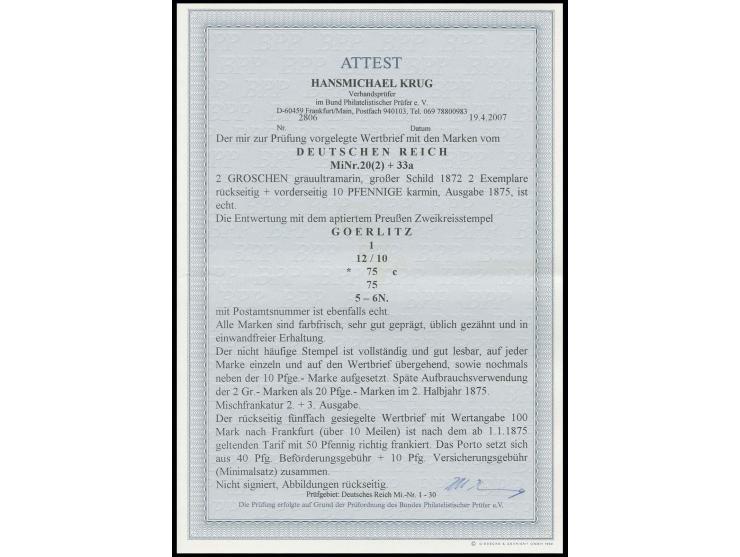 2 Gr. grauultramarin, 2 Einzelwerte rückseitig auf Wertbrief mit 10 Pfge. karmin von "GOERLITZ *c 12.10.75" nach Frankfurt mi
