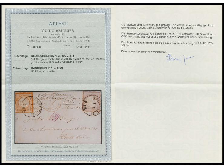 ¼ Gr. grauviolett und Großer Schild ½ Gr. orange mit EKr. "BANNSTEIN 7 1 73" (neuer DR-Postort ab III/72) auf kleinformatigem