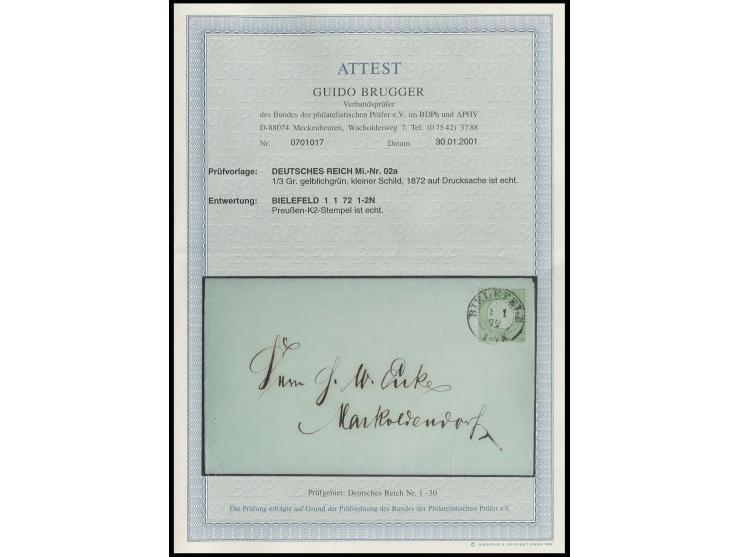 1/3 Gr. gelblichgrün mit Preußen-DKr. "BIELEFELD  1 1 72" auf Drucksachen-Faltbrief einer Geschäftsanzeige der Gebr. Wallach 