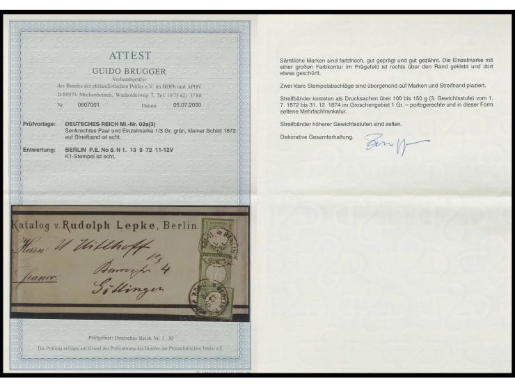 1/3 Gr. gelblichgrün, senkrechtes Paar und Einzelmarke mit EKr. "BERLIN P.E.No.8 N 1. 13 9 72" auf privat gedrucktem Streifba