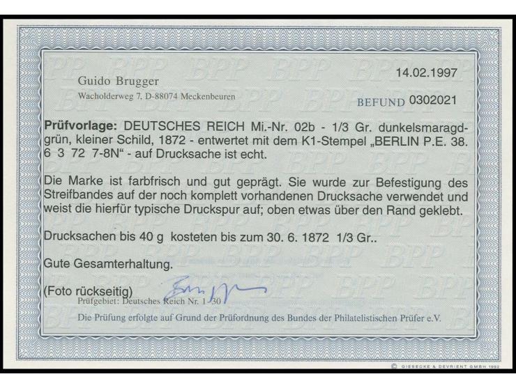 1/3 Gr. dunkelsmaragdgrün mit EKr. "BERLIN P.E. 38. 6/3 72" auf komplettem Drucksachenstreifband nach Peterstorf in Holstein,