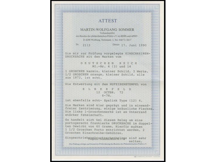 1 Gr. karmin, senkrechtes Paar und Einzelmarke und ½ Gr. orange mit Hufeisenstempel "ELBERFELD 12 OCTBR. 72" (Spalink-Nr. 12-