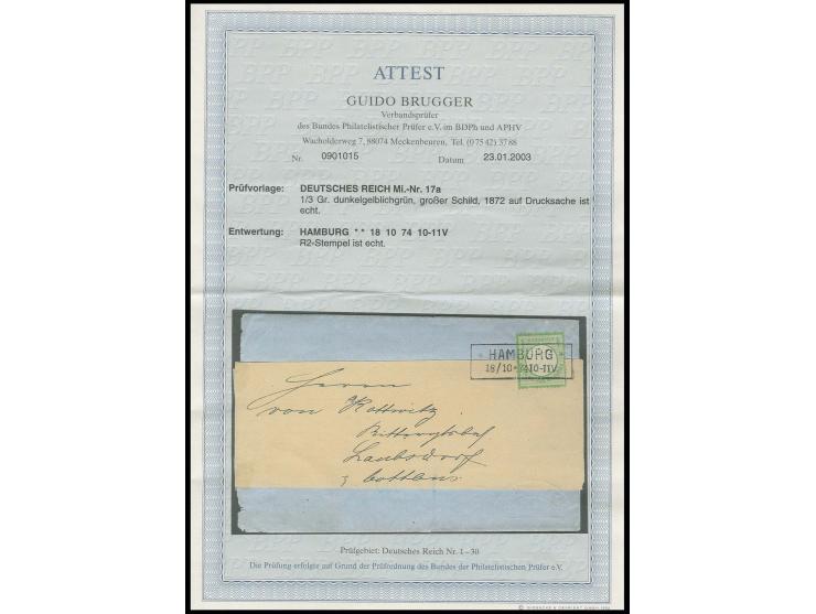 1/3 Gr. gelblichgrün mit Hinrichsen-Maschinenstempel Ra2 "HAMBURG / 18/10 * 74" auf vollständiger Lotterie-Drucksache mit rüc