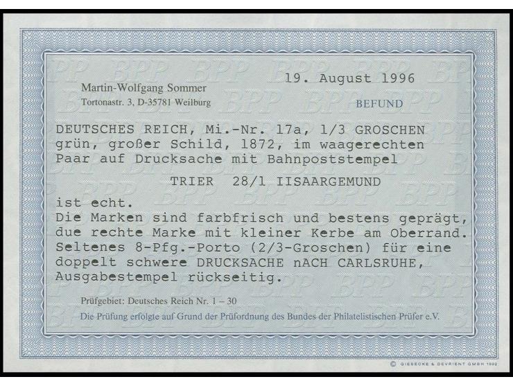 1/3 Gr. gelblichgrün im waagerechten Paar mit Bahnpoststempel L3 "TRIER / 28 1 II / SAARGEMUND" auf Drucksachen-Faltbrief der