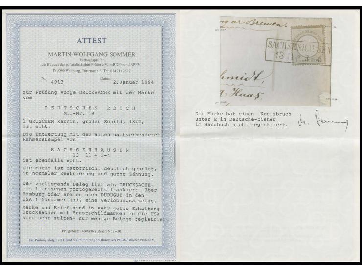 1 Gr. karmin mit nachverwendetem Preußenstempel "SACHSENHAUSEN / 13 11" auf Faltdrucksache (Verlobungsanzeige) via Hamburg od
