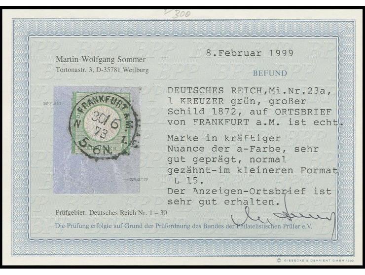 1 Kr. gelblichgrün mit klarem EKr. "FRANKFURT A.M. N1. 30/6 73" im kleinen Format auf Faltdrucksache, gedruckt in London, in 