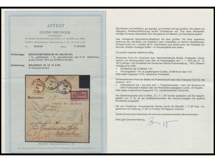 1 Kr. gelblichgrün + 7 Kr. grauultramarin + 9 Kr. rötlichbraun mit EKr. "WALDSHUT 23 10 74" auf Nachnahme-Streifband für die 