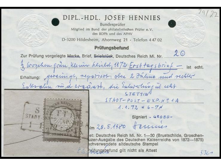 1/3 Gr. grün mit klarem und übergehendem Ra3 "STETTIN STADT-POST-EXP. No. 1 A 1 1 72" auf Ersttagsbrief mit dekorativem Druck
