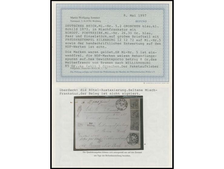 2 Gr. blau mit DKr. "EILENBURG 12.12.72" in Mischfrankatur mit waagerechtem Paar und Einzelwert NDP 30 Gr. blau mit handschri