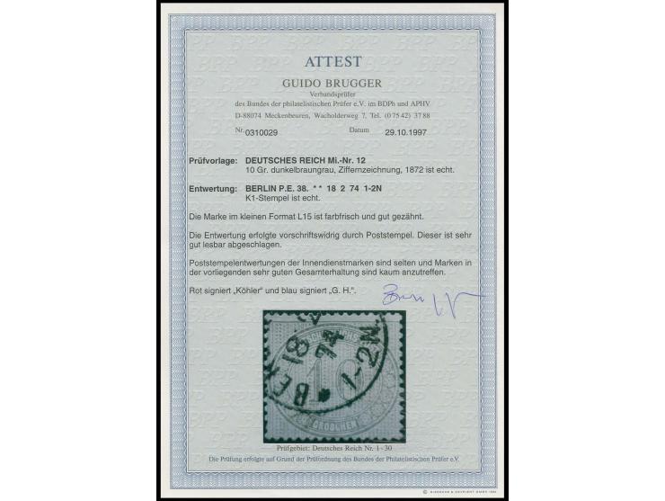 Innendienstmarken: 10 Gr. dunkelbraungrau im kleinen Format L15, farbfrisch und gut gezähnt, sauber gestempelt "BERL(IN) 18 2