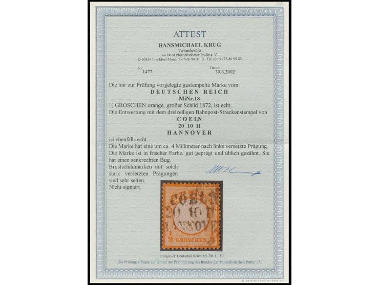 ½ Gr. orange mit ca. 4 mm nach links versetzter Prägung, mit dreizeiligem Bahnpoststreckenstempel "COELN / 20 10 II / HANNOVE