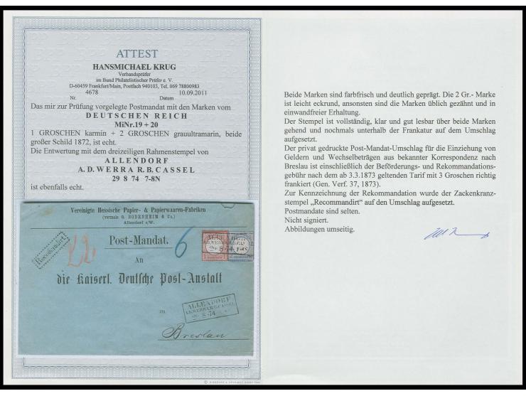 1 Gr. karmin und 2 Gr. grauultramarin mit Ra3 "ALLENDORF / A. D. WERRA R. B. CASSEL / 29 8 74" auf dekorativem Postmandatsums