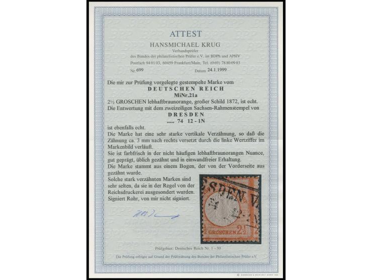 2½ Gr. lebhaftbraunorange mit ca. 3 mm nach rechts versetzter senkrechter Zähnung, so dass die Zähnung durch die Wertziffer v