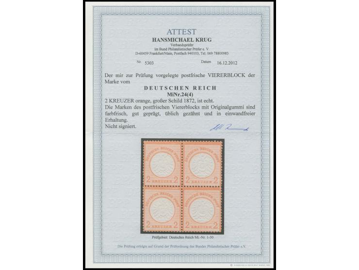 2 Kr. orange im 4er-Block, sehr schön farbfrisch, postfrisch in tadelloser Erhaltung, unsigniert, Kabinett, Fotoattest Krug B