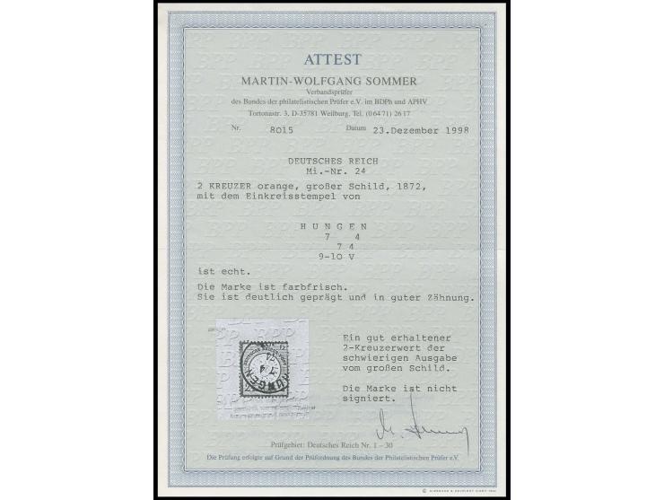 2 Kr. orange mit klarem EKr. "HUNGEN 7.4.74", farbfrisch mit deutlicher Prägung und guter Zähnung, einwandfrei mit Fotoattest