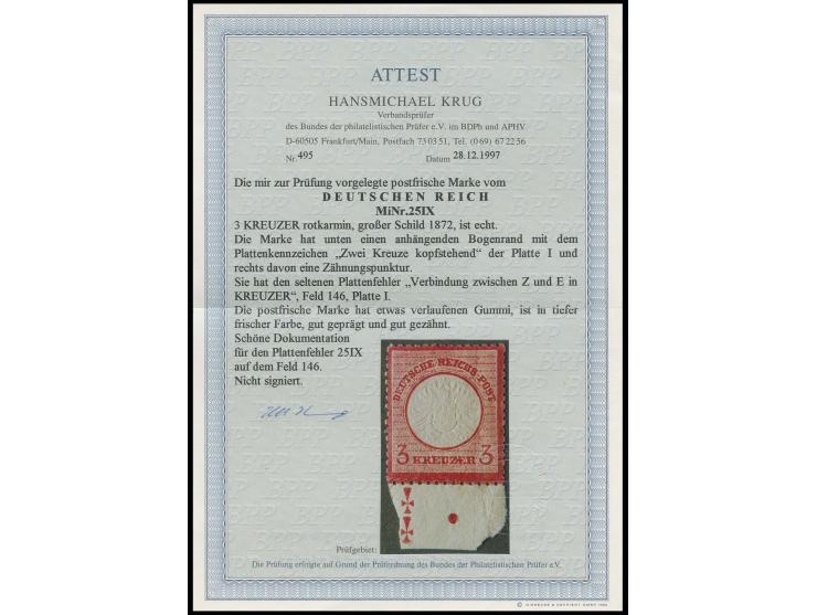 3 Kr. karmin, Unterrandmarke mit Plattenkennzeichen "Zwei Kreuze kopfstehend" und Plattenfehler 'Verbindung zwischen Z und E 