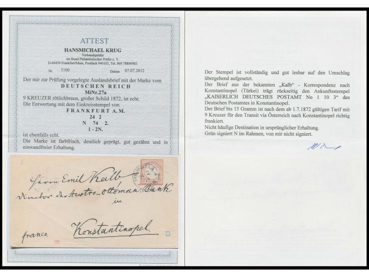 9 Kr. rötlichbraun mit EKr. "FRANKFURT A.M. 24 2 74" als Einzelfrankatur auf Brief aus der bekannten Kalb-Korrespondenz nach 