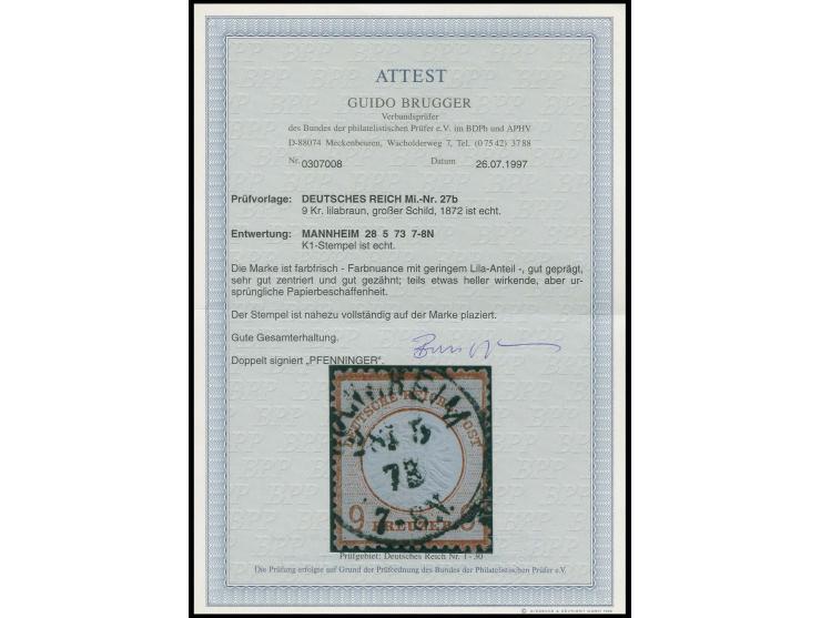 9 Kr. lilabraun, farbfrisch und sehr gut zentriert, gut gezähnt mit sauberem EKr. "MANNHEIM 28 5 73", Kabinett, sign. Pfennin