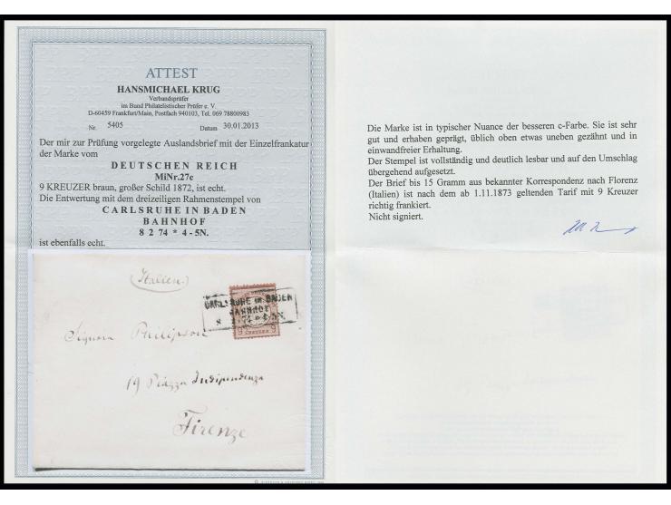 9 Kr. braun mit Ra3 "CARLSRUHE IN BADEN BAHNHOF 8 2 74" auf Brief nach Florenz, oben minimal flach gezähnt, sonst in einwandf