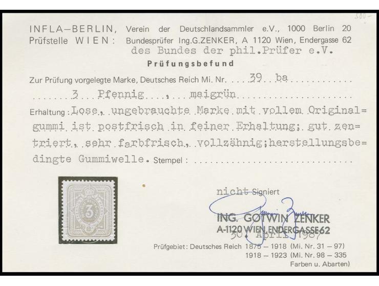 3 Pfg. maigrün, postfrisch, Kabinett, Befund Zenker BPP