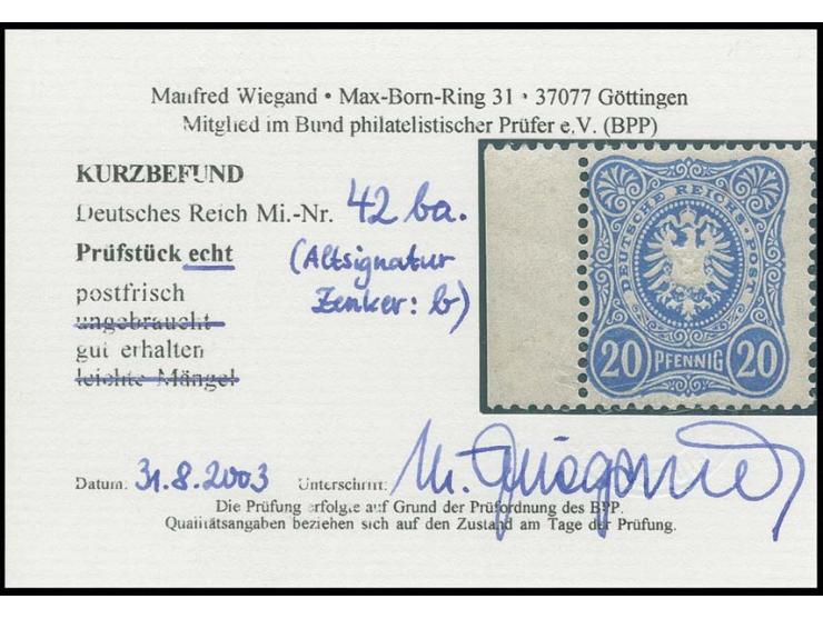 20 Pfg. lebhaftultramarin mit linkem Bogenrand, postfrisch, Kabinett, sign. Zenker BPP und Kurzbefund Wiegand BPP