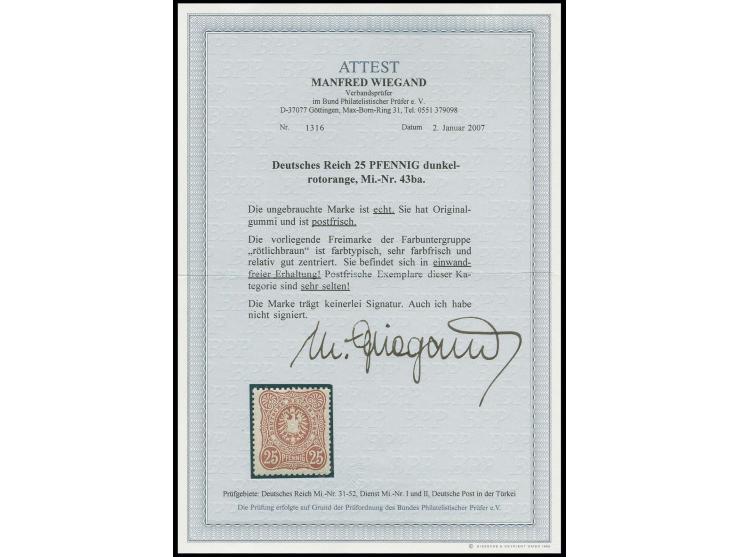 25 Pfg. dunkelrotorange, sehr farbfrisch, gut zentriert, postfrisch, ohne jegliche Signatur, eine sehr seltene Marke, Fotoatt