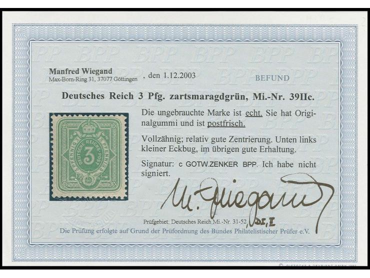  Spätauflagen: 3 Pfg. smaragdgrün, postfrisch, links unten leichter Eckbug, sonst einwandfrei, sign. Zenker BPP und Befund Wi