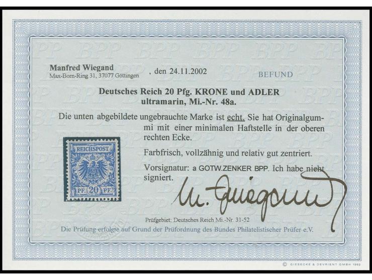 20 Pfg. ultramarin, sauber ungebraucht, sign. Zenker BPP und Befund Wiegand BPP