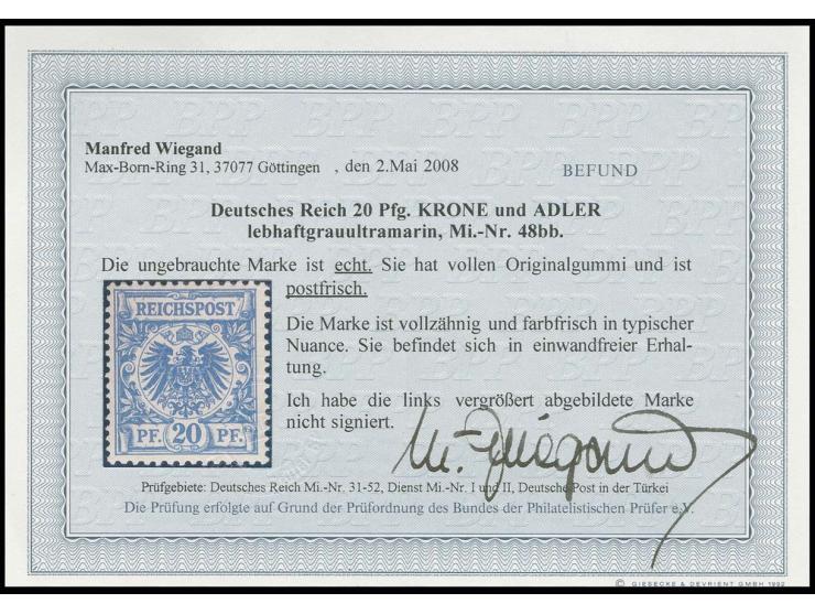 20 Pfg. lebhaftgrauultramarin, postfrisch, Kabinett, Befund Wiegand BPP