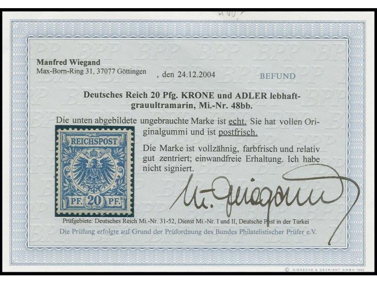  20 Pfg. lebhaftgrauultramarin, postfrisch, Kabinett, Befund Wiegand BPP