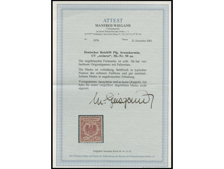  50 Pfg. braunkarmin, farbfrisch, sauber ungbraucht, Kabinett, eine seltene Marke, sign. Bühler und Zenker sowie Fotoattest W
