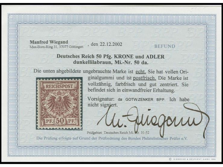 50 Pfg. dunkellilabraun, postfrisch, Kabinett, sign. Zenker BPP und Befund Wiegand BPP, dazu 50 Pfg. lilabraun mit rechtem Bo