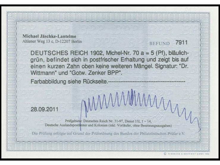 5 Pfg. bläulichgrün, postfrisch, oben ein kurzer Zahn, sonst einwandfrei, u.a. sign. Zenker BPP und Befund Jäschke-L. BPP