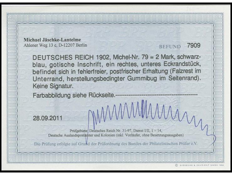 2 M. aus der rechten unteren Bogenecke, postfrisch (Falzrest im Unterrand), Kabinett, Befund Jäschke-L. BPP