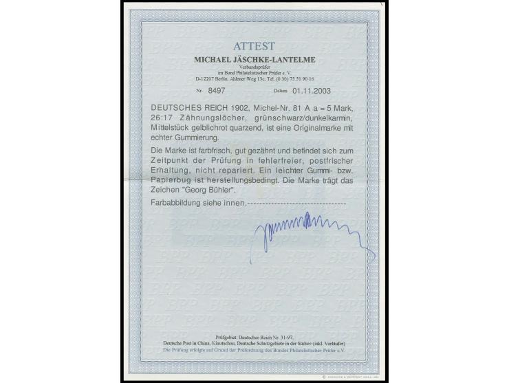 5 M. grünschwarz/dunkelkarmin, Mittelstück gelblichrot, postfrisch, Kabinett, sign. Bühler und Fotoattest Jäschke-L. BPP