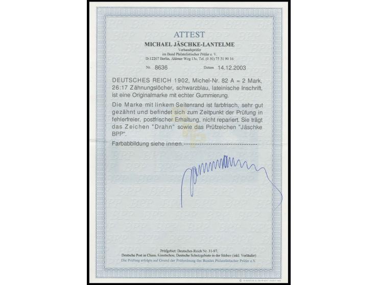 2 M. schwarzblau, linkses Randstück, postfrisch, Kabinett, u.a. Jäschke BPP und Jäschke-L. BPP