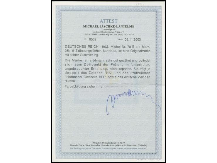 1 M. karminrot, sauber ungebraucht, Kabinett, u.a. sign. Hoffmann-Giesecke BPP und Fotoattest Jäschke-L. BPP