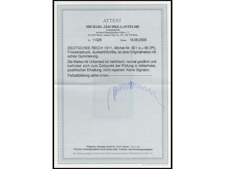 60 Pfg. dunkelrötlichlila, mit Unterrand, postfrisch, Kabinett, Fotoattest Jäschke-L. BPP